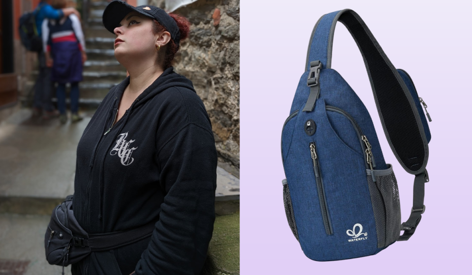 The author wearing the Waterfly as a waist pack/crossbody sling bag in navy blue