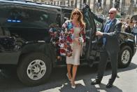 <p>Melania Trump stepped out in Taormina, Italy wearing a $51,000 Dolce & Gabbana jacket with brightly colored floral print.</p>
