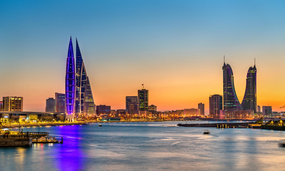 Skyline of Manama at sunset. The capital of Bahrain. Photo: Getty