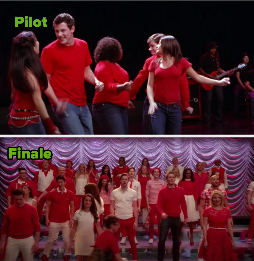 The New Directions wearing red in their first and last performances on the show