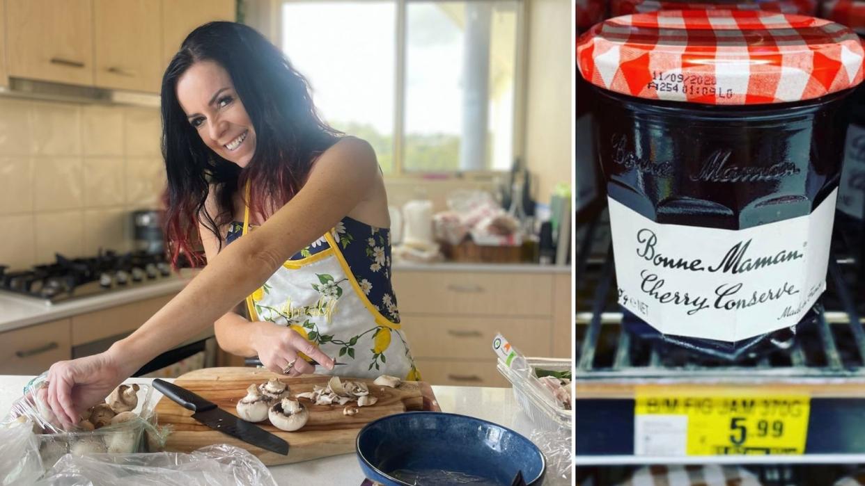 Compilation image of Nicole cooking in the kitchen and a Bonne Maman jam jar which Nicole uses for her money saving strategy of salad jars