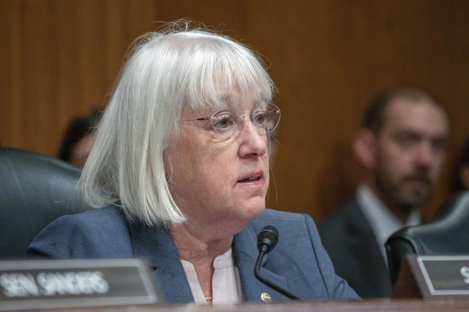 Sen. Patty Murray, D-Wash., speaks during a Senate Health, Education, Labor and Pensions confirmation hearing for Julie Su to be the Labor Secretary, on Capitol Hill, Thursday, April 20, 2023, in Washington. (AP Photo/Alex Brandon)