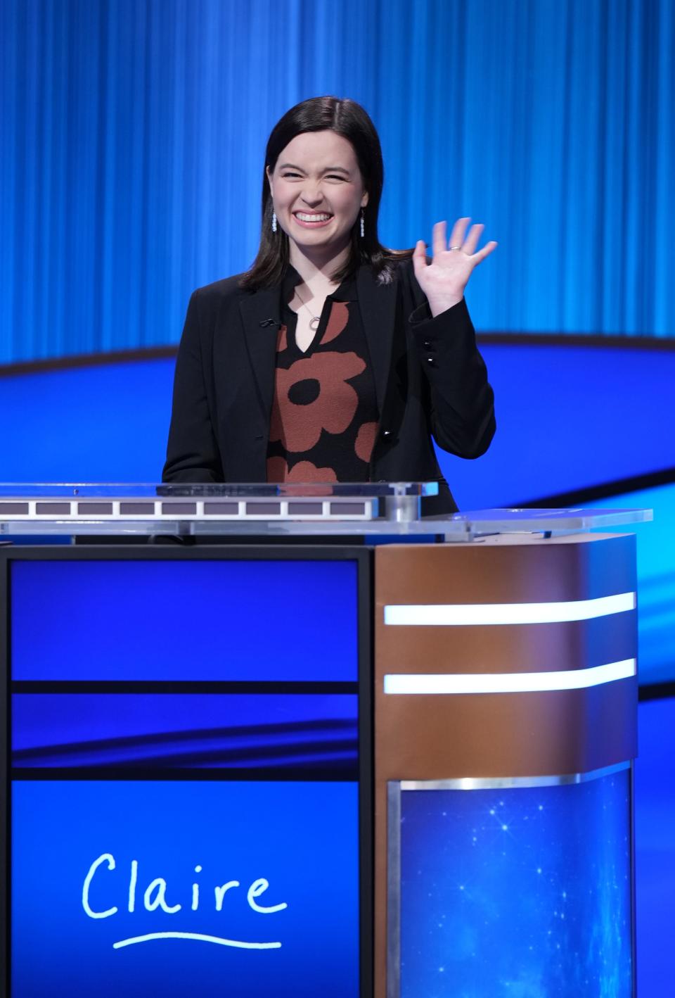 Claire Sattler on the set of "Jeopardy!" in January 2023. She's appearing in the show's High School Reunion Tournament this month.