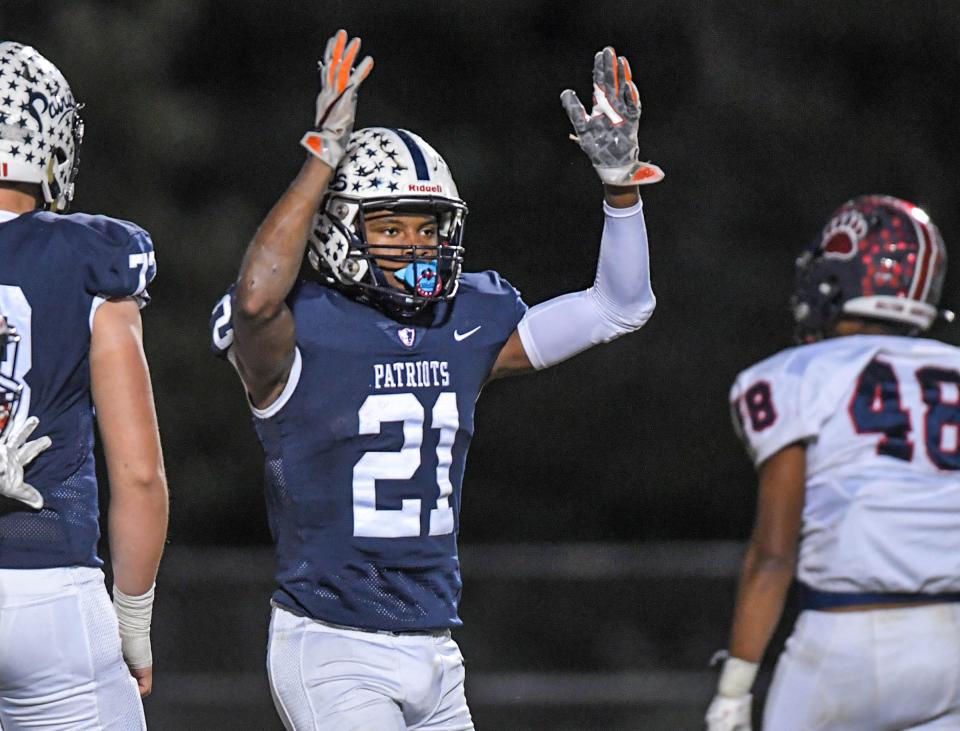 Powdersville senior Thomas Williams(21) scores a touchdown against Belton Honea Path during the fourth quarter at Powdersville High in Greenville, S.C. Thursday, September 29, 2022.