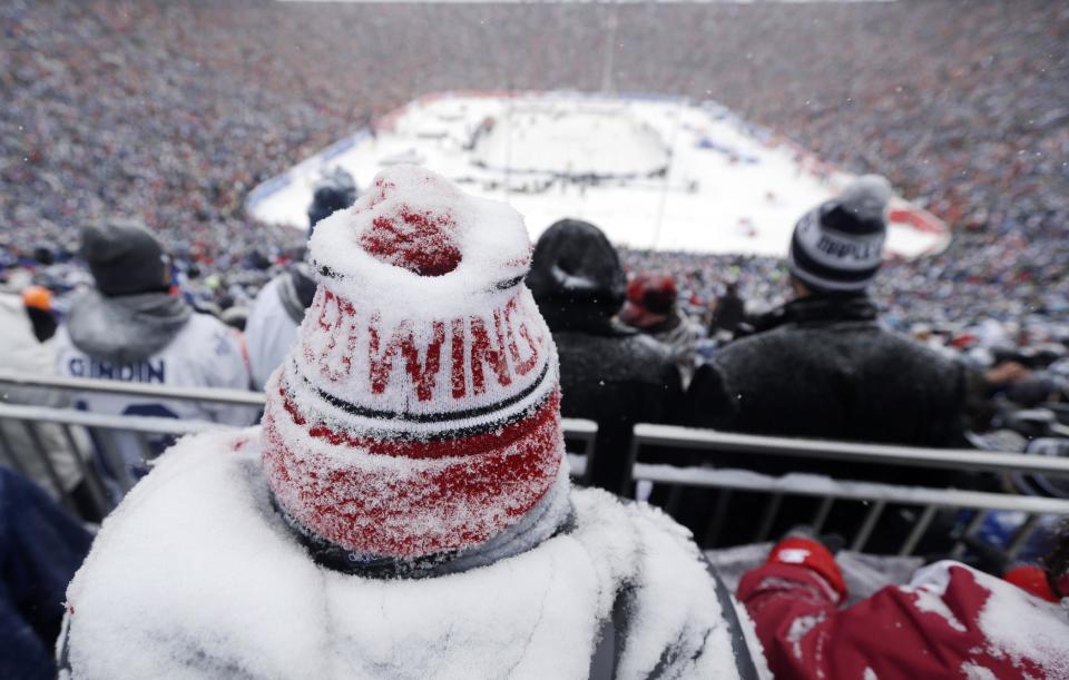 A Detroit Red Wings fan, coated with snow, watches during the third period of the Winter Classic outdoor NHL hockey game against the Toronto Maple Leafs at Michigan Stadium in Ann Arbor, Mich., Wednesday, Jan. 1, 2014. (AP Photo/Carlos Osorio)