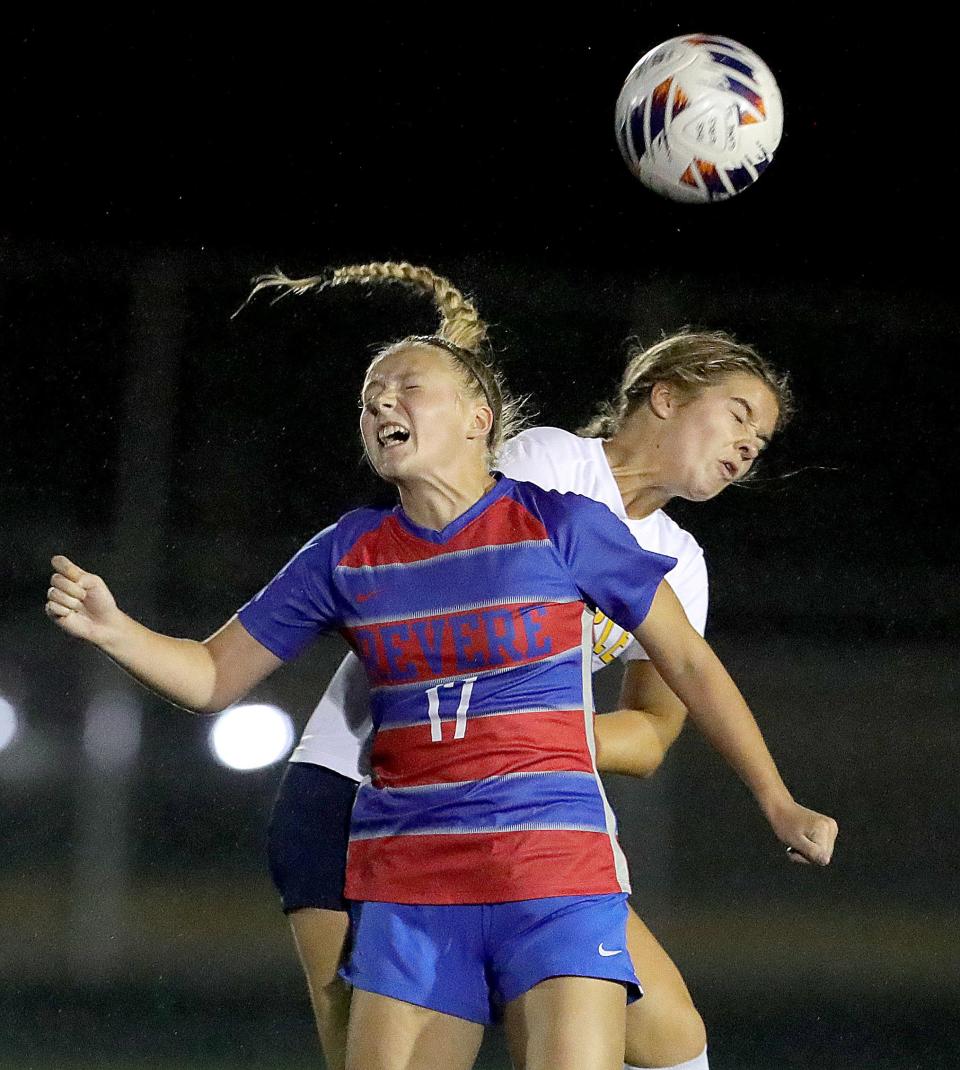 Revere's Zsofia Jakab and Copley's Sydney Leach go up after a first half head ball on Tuesday, Sept. 26, 2022 in Bath Township.