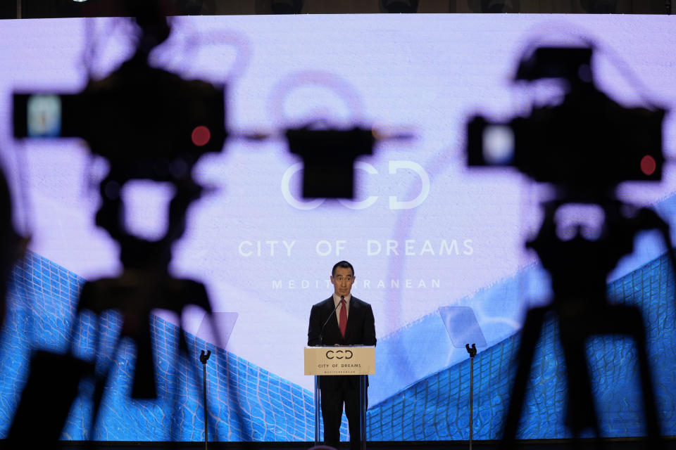 Lawrence Ho, Chief Executive Officer and Chairman of Melco Resorts and Entertainment,talks to the media during a press conference at the City of Dreams Mediterranean in southern coastal city of Limassol, Cyprus, on Tuesday, July 11, 2023. Officials say a new casino resort touted as the largest of its kind in Europe has opened its doors in Cyprus, aiming to transform the east Mediterranean island nation as a year-round destination for luxury tourism. (AP Photo/Petros Karadjias)