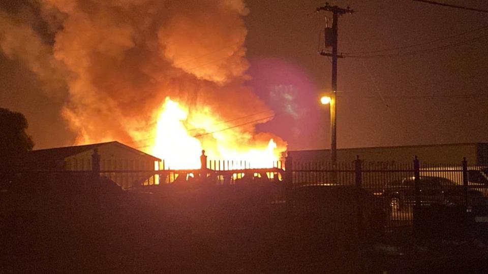 Crews responded to a fire at a pallet yard in Fresno, California on Saturday, June 22, 2024.