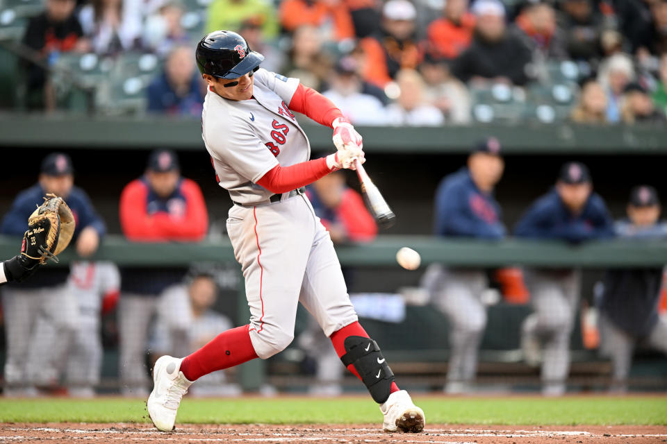 BALTIMORE, MARYLAND - APRIL 24: Yu Chang #20 of the Boston Red Sox bats against the Baltimore Orioles at Oriole Park at Camden Yards on April 24, 2023 in Baltimore, Maryland. (Photo by G Fiume/Getty Images)