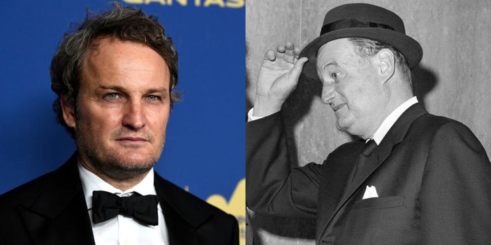 A 2019 photo of Jason Clarke next to a black and white photo of Roger Robb who he plays in "Oppenheimer."