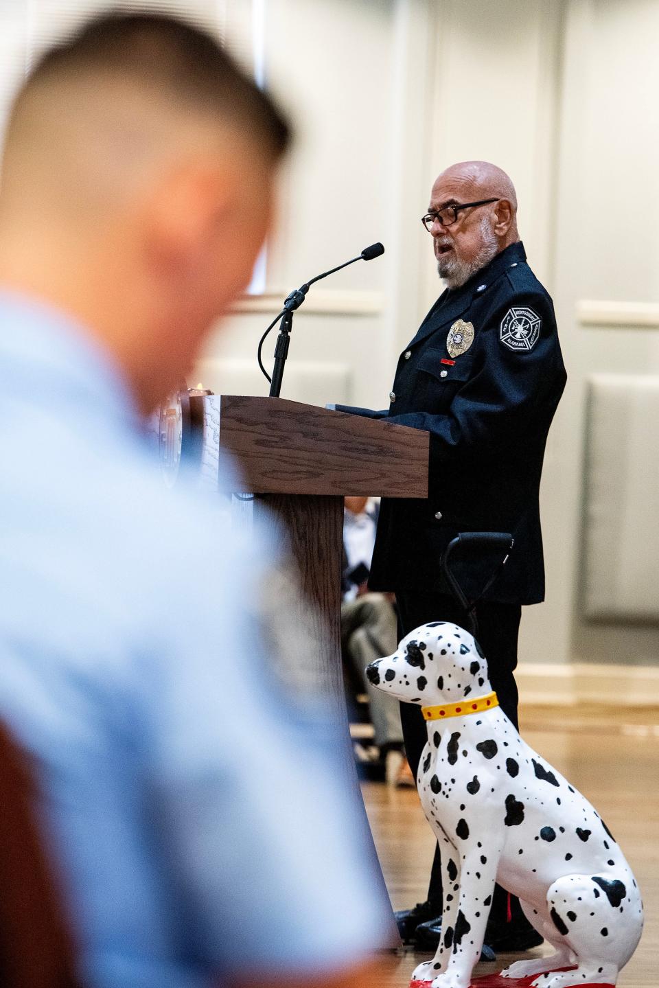 Benjamin Alpert, Montgomery Fire Rescue Chaplain, gives a prayer as Montgomery Mayor Steven Reed hosts a Prayer Vigil for Injured Firefighters at city hall in Montgomery, Ala, on Monday June 5, 2023.