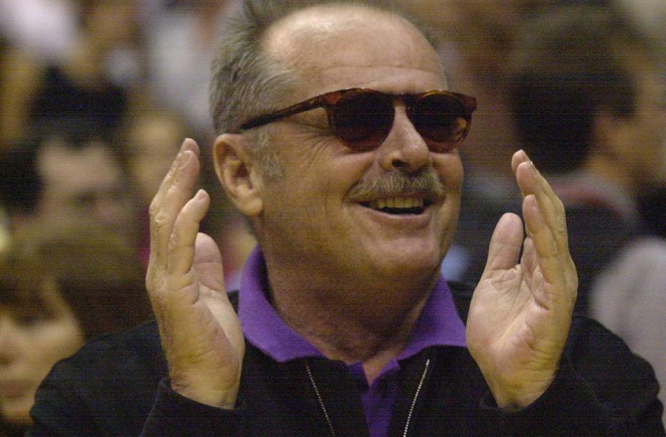 Actor Jack Nicholson cheers during the Los Angeles Lakers’ Game 5 victory in the Western Conference first-round series against the Sacramento Kings on May 5, 2000.