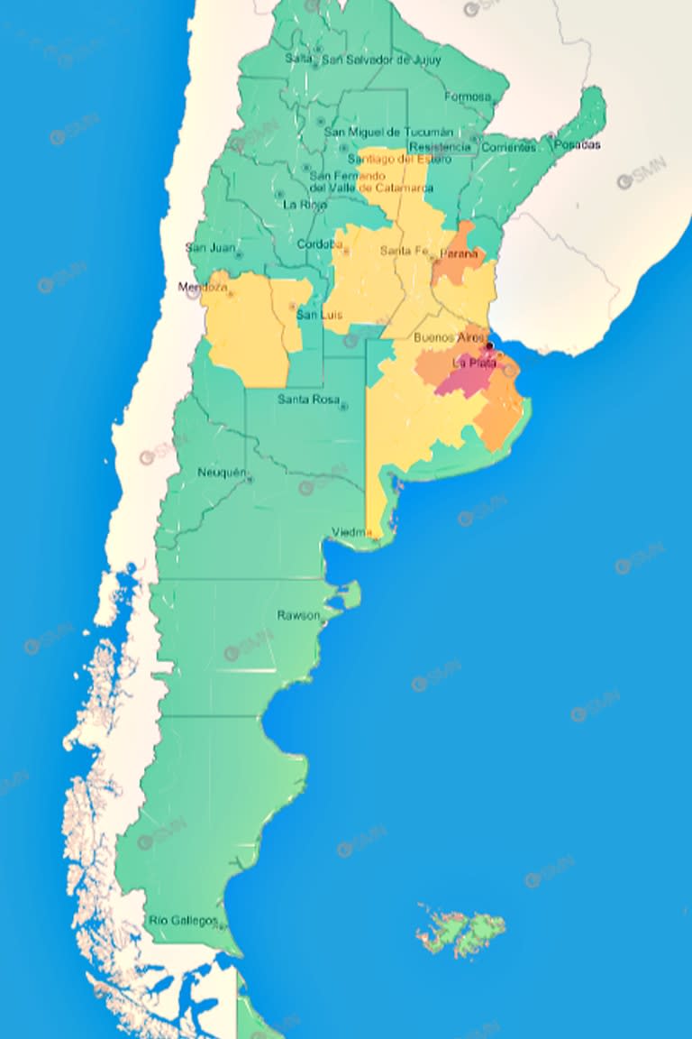 El mapa actualizado con las zonas en alerta amarilla, naranja y roja