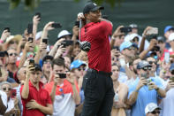 Tiger Woods hits from the third tee during the final round of the Tour Championship golf tournament Sunday, Sept. 23, 2018, in Atlanta. (AP Photo/John Amis)