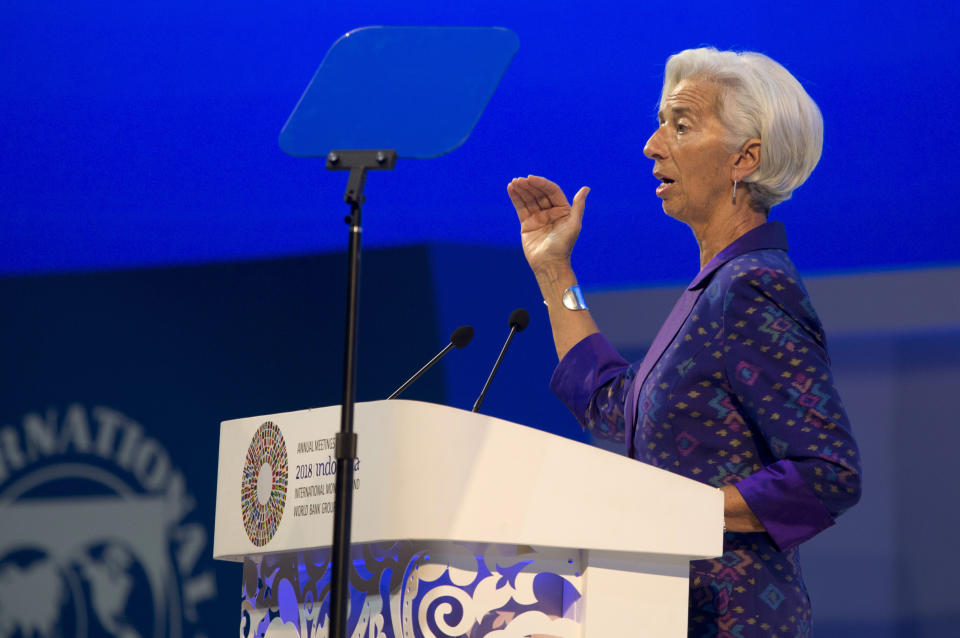 Managing Director of International Monetary Fund (IMF) Christine Lagarde delivers her speech during the opening of International Monetary Fund (IMF) World Bank annual meetings in Bali, Indonesia on Friday, Oct. 12, 2018. (AP Photo/Firdia Lisnawati)