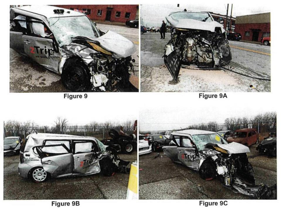 Photos included in a police report show damage to a taxi that was hit by a car fleeing from Kansas City police in 2022. A woman in the taxi died. Submitted