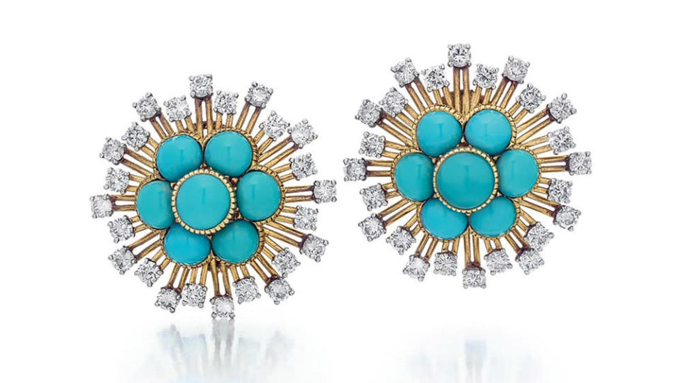 Cartier earrings in 18-carat yellow gold, turquoise and diamonds Circa 1955 - Credit: SJ Shrubsole