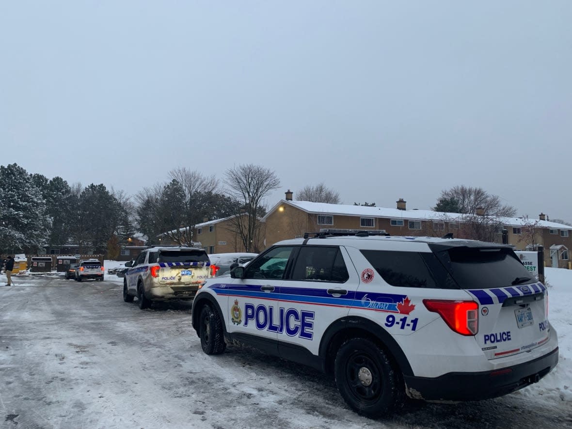 Ottawa police say one teen was killed and another teen was injured in a shooting early Monday morning on Elmira Drive between Iris Street and Highway 417. (Joseph Tunney/CBC - image credit)