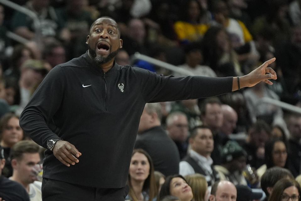 Milwaukee Bucks head coach Adrian Griffin reacts during the second half of an NBA basketball game against the Golden State Warriors Saturday, Jan. 13, 2024, in Milwaukee. The Bucks won 129-118. (AP Photo/Morry Gash)