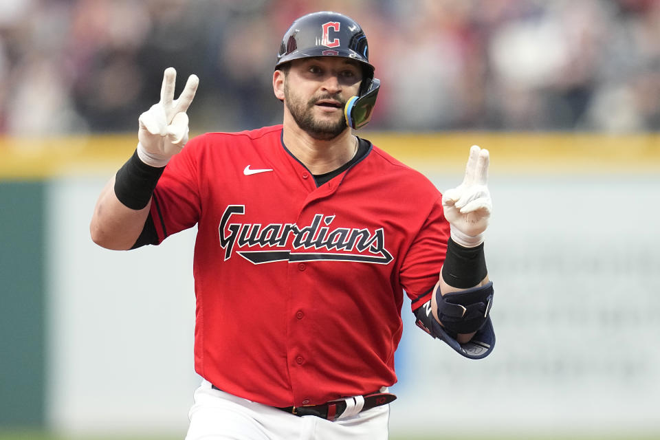 Cleveland Guardians' Mike Zunino gestures as he runs the bases after hitting a home run in the seventh inning of a baseball game against the Chicago White Sox, Monday, May 22, 2023, in Cleveland. (AP Photo/Sue Ogrocki)