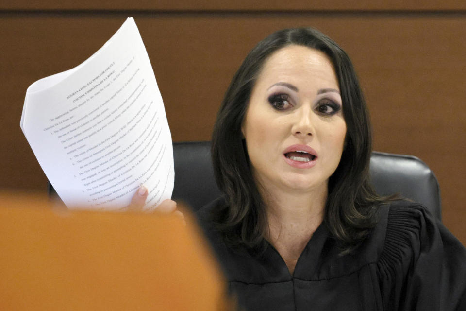 Judge Elizabeth Scherer speaks during a hearing in the penalty phase of the convicted shooter on Oct. 10, 2022. (Amy Beth Bennett/South Florida Sun-Sentinel via AP, Pool) / Credit: Amy Beth Bennett / AP