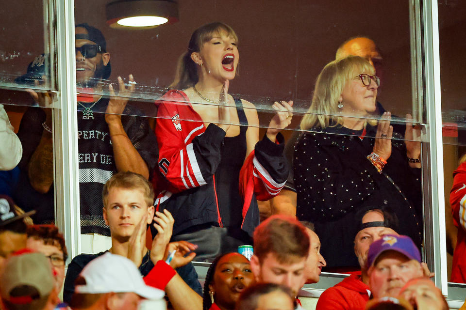 Taylor Swift and Donna Kelce applaud before the game between the Kansas City Chiefs and the Denver Broncos at GEHA Field at Arrowhead Stadium on October 12, 2023 in Kansas City, Missouri. (Photo by David Eulitt/Getty Images)