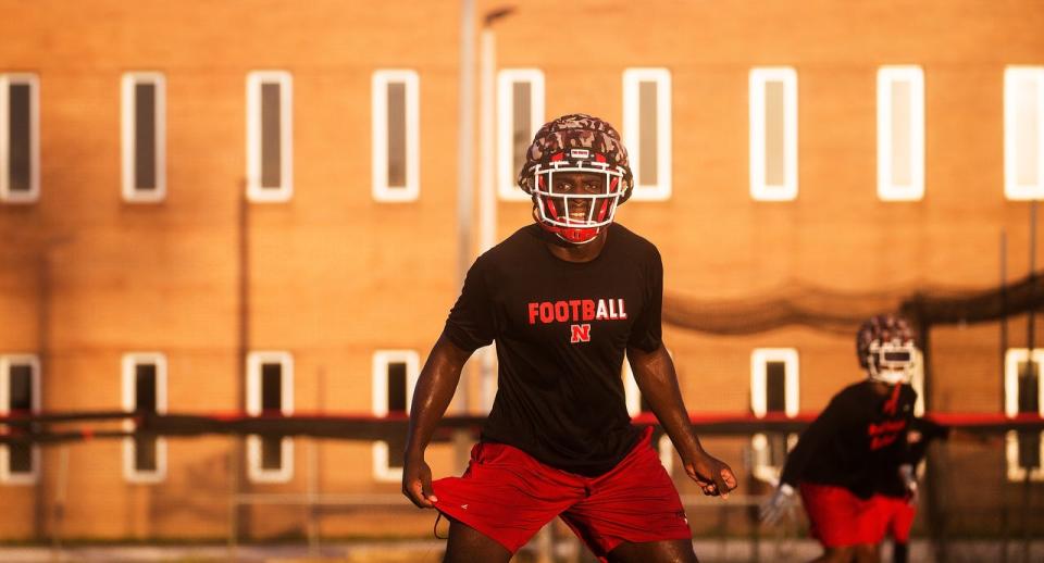 North Fort Myers High School football player, Atavious Weaver practices with his teammates on Monday, August 2, 2021. He will be playing the linebacker/tightend position. It is the first football practice for 2021 season.  