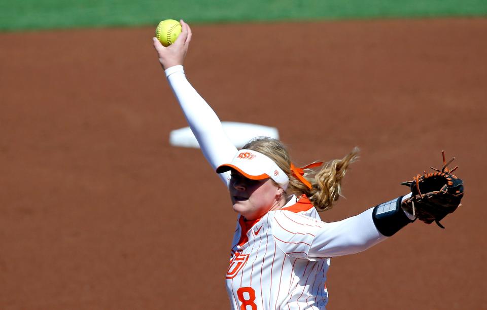 OSU's Lexi Kilfoyl throws a pitch in the first inning of a 6-0 win against Minnesota on Saturday at Cowgirls Stadium in Stillwater.