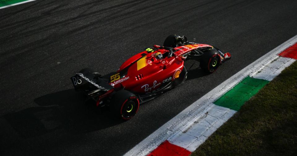 Ferrari driver Carlos Sainz and the Monza kerbs. Credit: Alamy