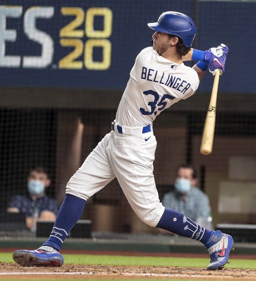 Arlington, Texas, Tuesday, October 20, 2020Los Angeles Dodgers center fielder Cody Bellinger (35) homers.