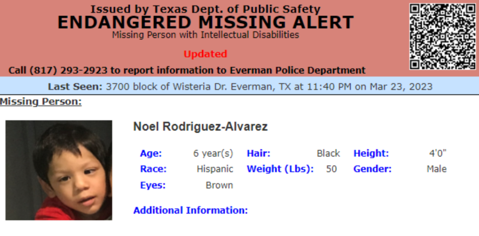 Noel Rodriguez-Alvarez, who has serious disabilities including a chronic lung disease that requires medical treatment and occasional oxygen treatment, disappeared in November 2022 from his Texas home.