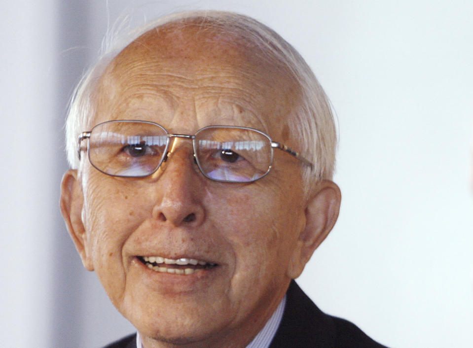 FILE - Architect Fumihiko Maki talks to the press before unveiling conceptual designs for three World Trade Center office towers, on Sept. 7, 2006, in New York. Japanese architect Maki, who won the prestigious Pritzker Prize for designs praised as smartly and artfully fusing the East with the West, has died. He was 95. Maki, who taught architecture and urban design at Harvard, died June 6, his office Maki & Associates said Wednesday, June 12, 2024. (AP Photo/Dima Gavrysh, File)