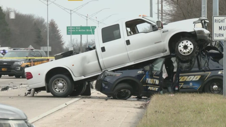 A crash between a pickup truck and a police cruiser has shut down U.S. 35 west of Dayton, Ohio, Jan. 8, 2024. (Courtesy/WDTN)