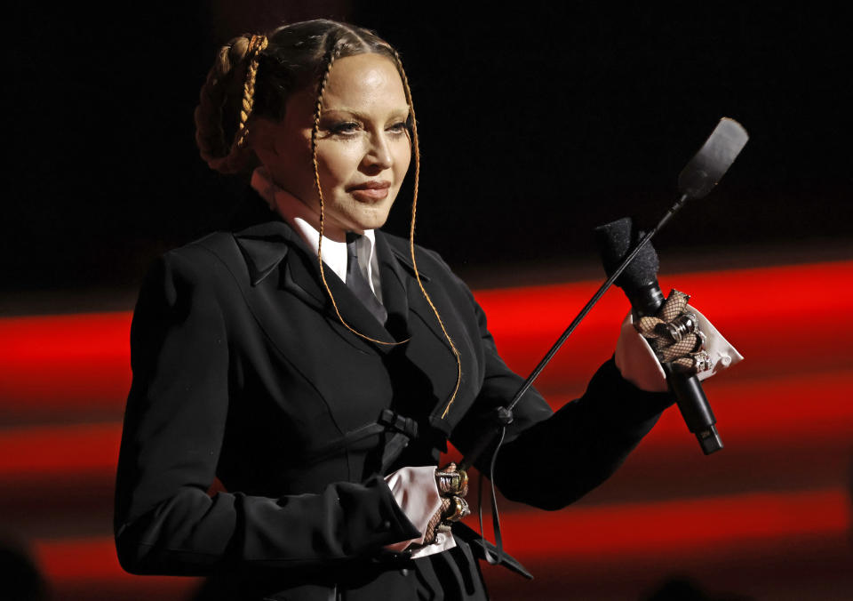 Madonna speaks onstage during the 65th GRAMMY Awards at Crypto.com Arena on February 05, 2023 in Los Angeles, California. (Photo by Kevin Winter/Getty Images for The Recording Academy )