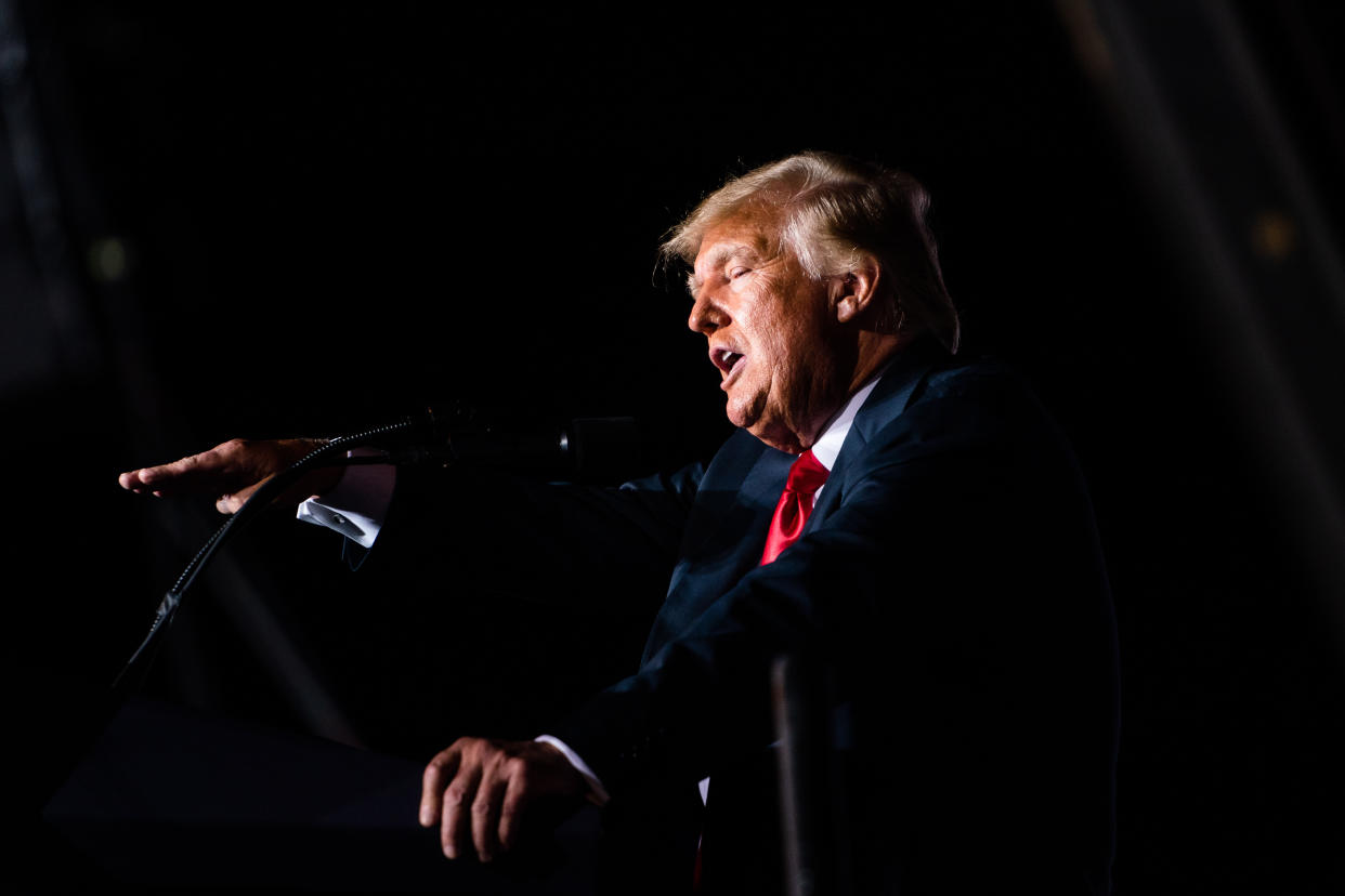 PERRY, GA  September 25, 2021:

Former US President Donald J. Trump delivers remarks at his Save America rally at the Georgia National Fairgrounds in Perry, Georgia on September 25, 2021.

(Photo by Demetrius Freeman/The Washington Post via Getty Images)