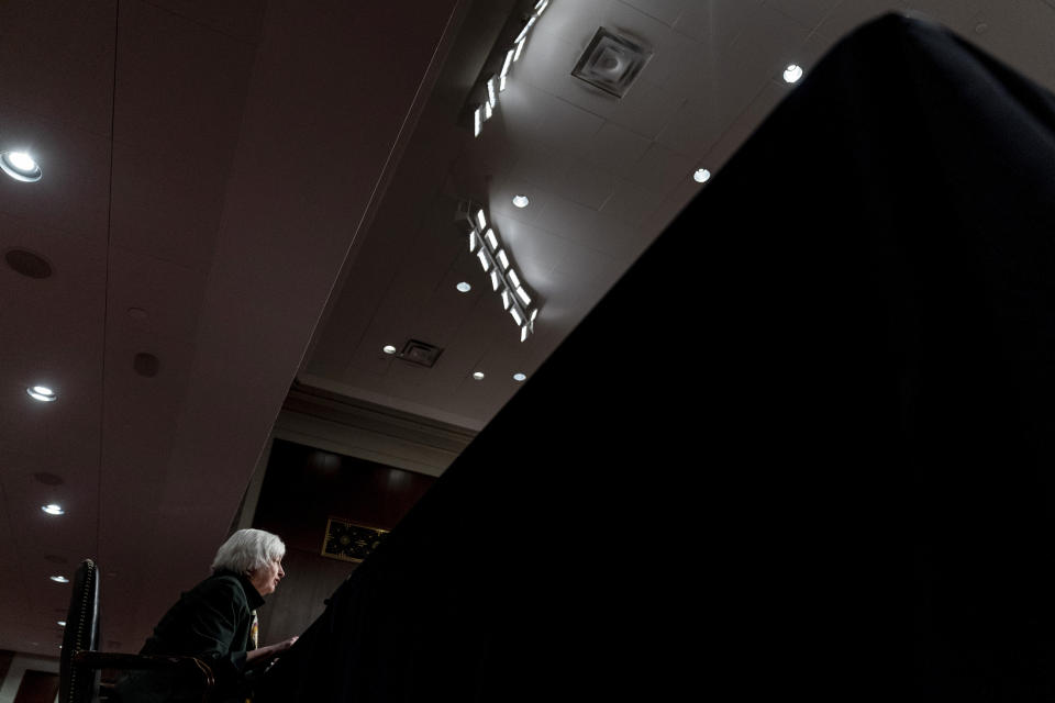 FILE - Treasury Secretary Janet Yellen speaks during a Senate Banking Committee hearing on Capitol Hill in Washington, Nov. 30, 2021. (AP Photo/Andrew Harnik, File)