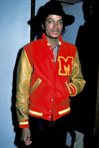 <p>Ron Galella/Ron Galella Collection via Getty</p> Michael Jackson wearing the "M" jacket from the "Thriller" music video