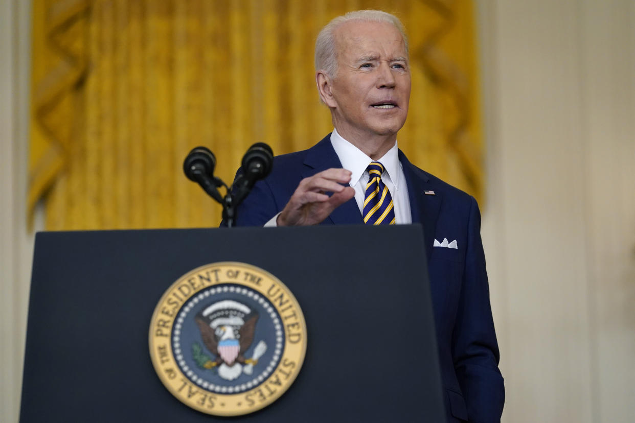 President Biden speaks during a news conference in the East Room of the White House in Washington, Wednesday, Jan. 19, 2022. (AP Photo/Susan Walsh)