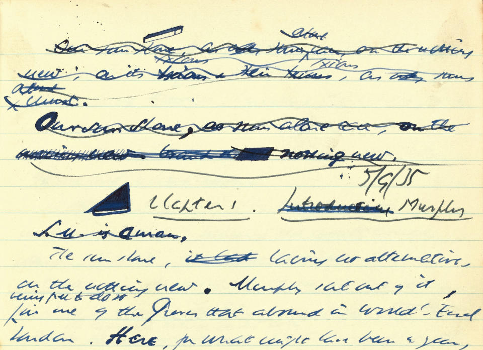 An undated photo made available by Sotheby’s showing part of a set of Samuel Beckett jotters. Sotheby's says the manuscript of Irish writer Samuel Beckett's first novel has sold at auction for almost 1 million pounds ($1.5 million/1.160.280 euro).Britain's University of Reading bought "Murphy," written in 1935-36, for 962,500 pounds ($1.4 million/1.116.770 euro) at Wednesday's sale. The six exercise books contain the heavily reworked text of the novel as well as notes, doodles and sketches of figures including James Joyce and Charlie Chaplin. (AP Photo/Sotheby's)