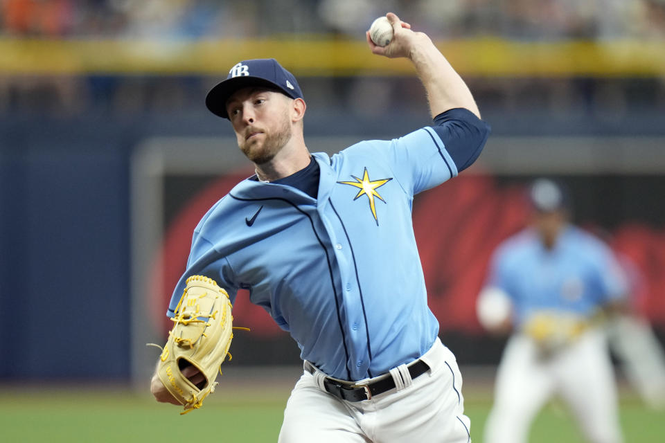 Tampa Bay Rays starting pitcher Jeffrey Springs delivers to the Detroit Tigers during the first inning of a baseball game Sunday, April 2, 2023, in St. Petersburg, Fla. (AP Photo/Chris O'Meara)