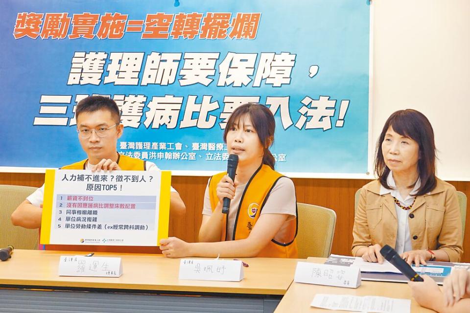 台灣護理產業工會理事長羅運生（左起）、台護產吳珮妤、立委陳昭姿等人，10日痛批現行「3班護病比」政策形同虛設。（姚志平攝）