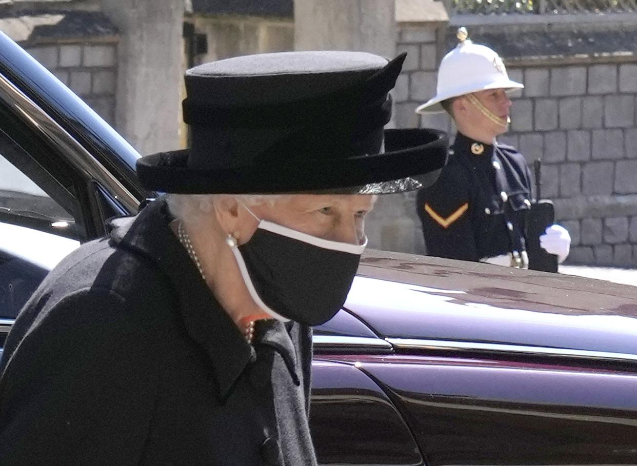 Britain's Queen Elizabeth II arrives ahead of Britain Prince Philip's funeral at Windsor Castle, Windsor, England, Saturday April 17, 2021.