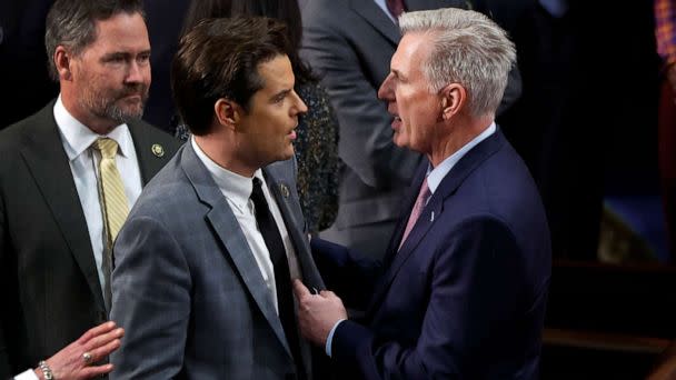 PHOTO: U.S. House Republican Leader Kevin McCarthy (R-CA) talks to Rep.-elect Matt Gaetz (R-FL) in the House Chamber on the fourth day of voting for Speaker of the House at the U.S. Capitol Building, Jan. 6, 2023, in Washington. (Chip Somodevilla/Getty Images)