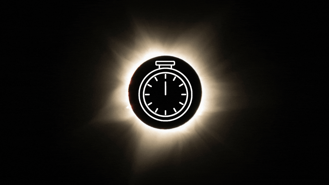  A graphic of a total solar eclipse during totality with a graphic animation of a stop clock in the center to depict the duration of the eclipse. 
