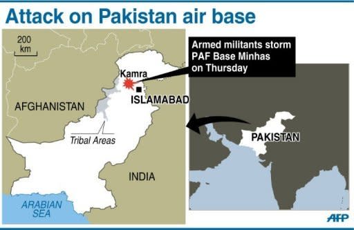 Map locating Kamra in Pakistan where militants armed with guns and rocket launchers stormed a key air force base before dawn on Thursday