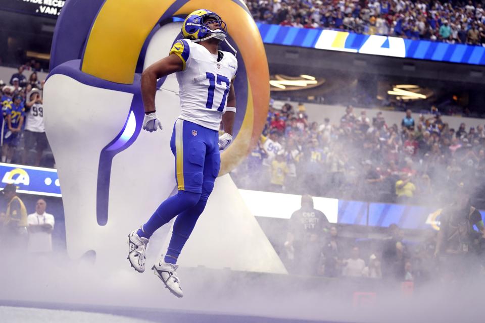 Los Angeles Rams wide receiver Puka Nacua takes the field prior to game against the San Francisco 49ers Sunday, Sept. 17, 2023, in Inglewood, Calif. | Ashley Landis, Associated Press