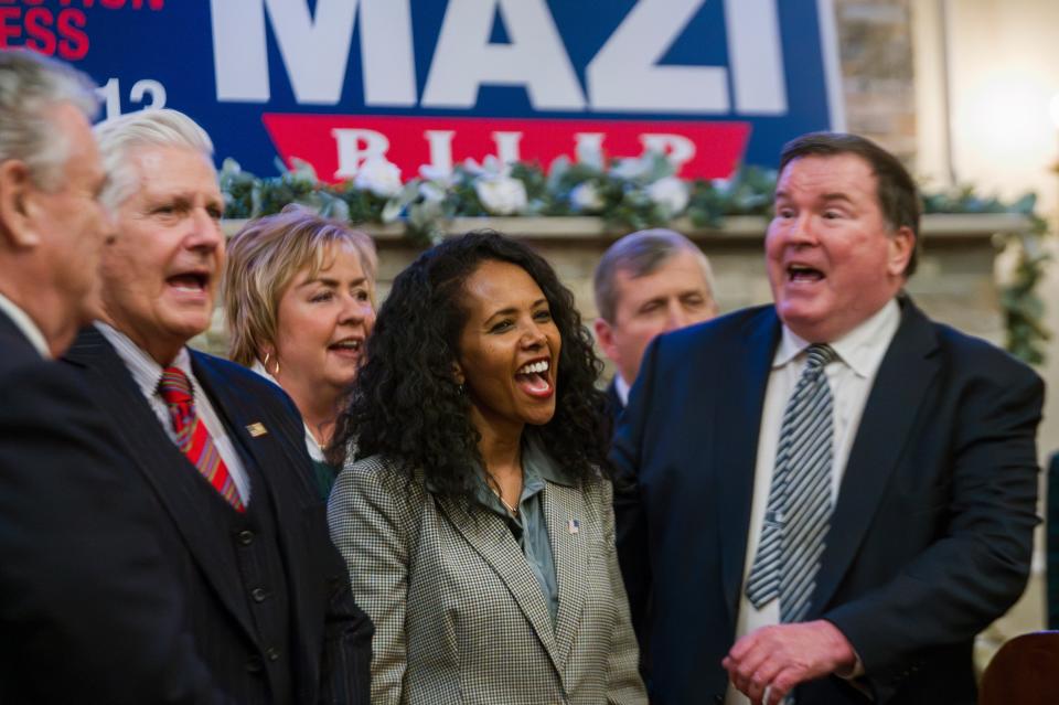 Congressional candidate Mazi Pilip greets attendees at her GOP fundraiser event hosted by the Nassau County Republican Committee on Monday, Feb. 5, 2024, in Jericho, New York. The Tuesday contest for New York’s District 3 House seat held by George Santos until his recent expulsion is shaping up to be a bellwether in the fight for control of Congress, with Pilip pitted against former U.S. Rep Tom Suozzi.