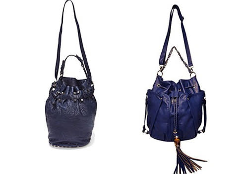 Alexander Wang vs. Kardashian Kollection  On the left: Alexander Wang Diego Bucket Bag, $825. Kardashian Kollection Drawstring Bag, $89.95. The shape, size, straps, and are pretty close, and the unusual color makes this copy even more suspicious. Photo by: Alexander Wang and bagsac.com.au