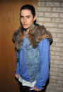 Did Jared Leto pick up some roadkill on the way to the party? The actor-turned-singer draped a ratty-looking fur shawl over a jean vest at the Fashion: Take Note Studio event on Tuesday in the Big Apple. (2/14/2012)