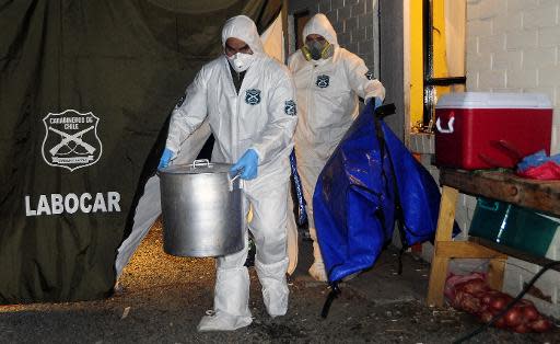 Unos policías chilenos llevan una olla con restos humanos, después de que una mujer matara y descuatizara a su pareja en Talca, a 200 kilómetros al sur de Santiago, el 7 de abril de 2014 (AFP | Francesco Degasperi)